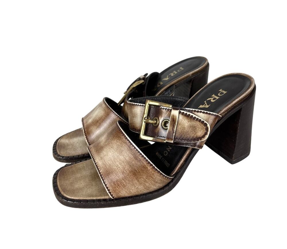 Prada Womens 6 Brown Leather Block Heel Buckle Sandals Italy Vintage Luxury